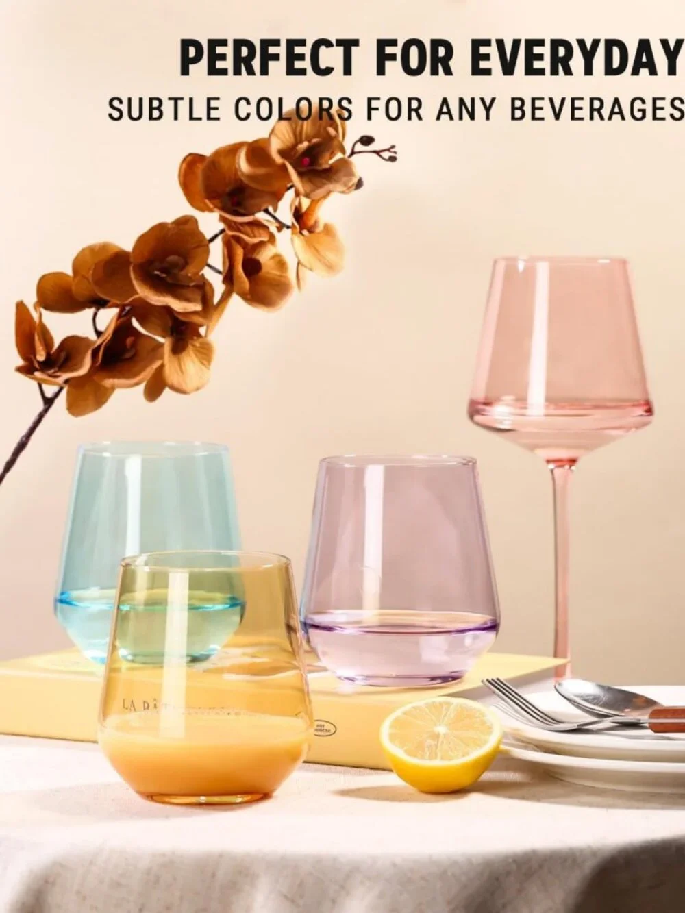 Colorful Stemless Wine Glasses Set of 6 - Hand-Blown 17 oz Crystal Glassware